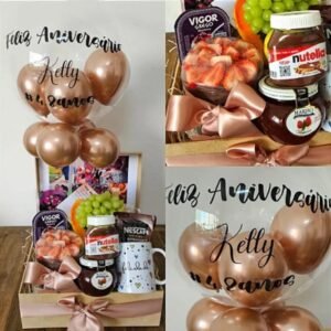 Cesta Café da Manhã Aniversário com Bolo e Balão Bubble